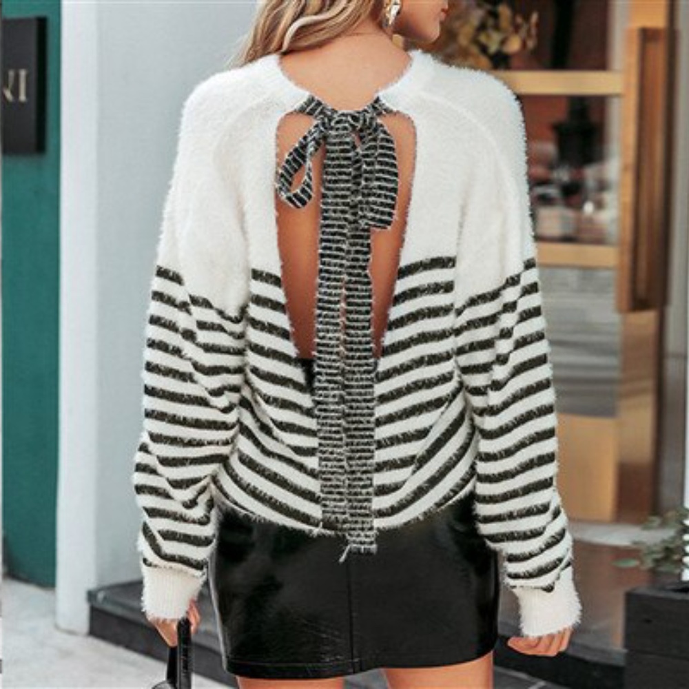 Open Back Fuzzy Striped White & Black Sweater - Picture 8 of 15